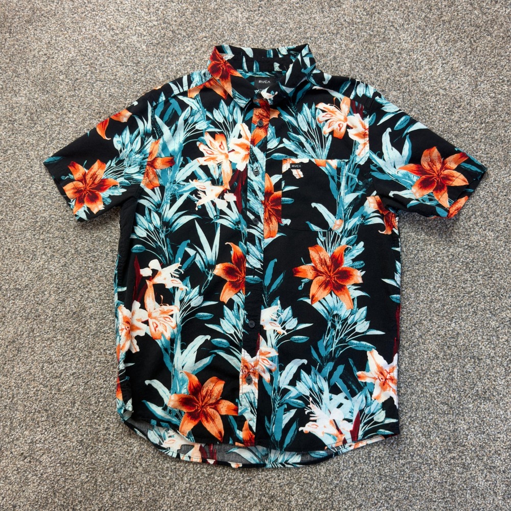 RVCA Mens Small Black Tropical Floral Short Sleeve Button Up Shirt Hawaiian